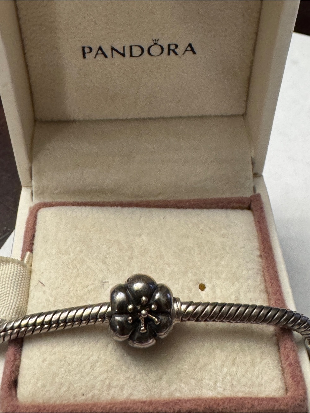 Pandora Silver Flower with 14K Gold Tip Charm.